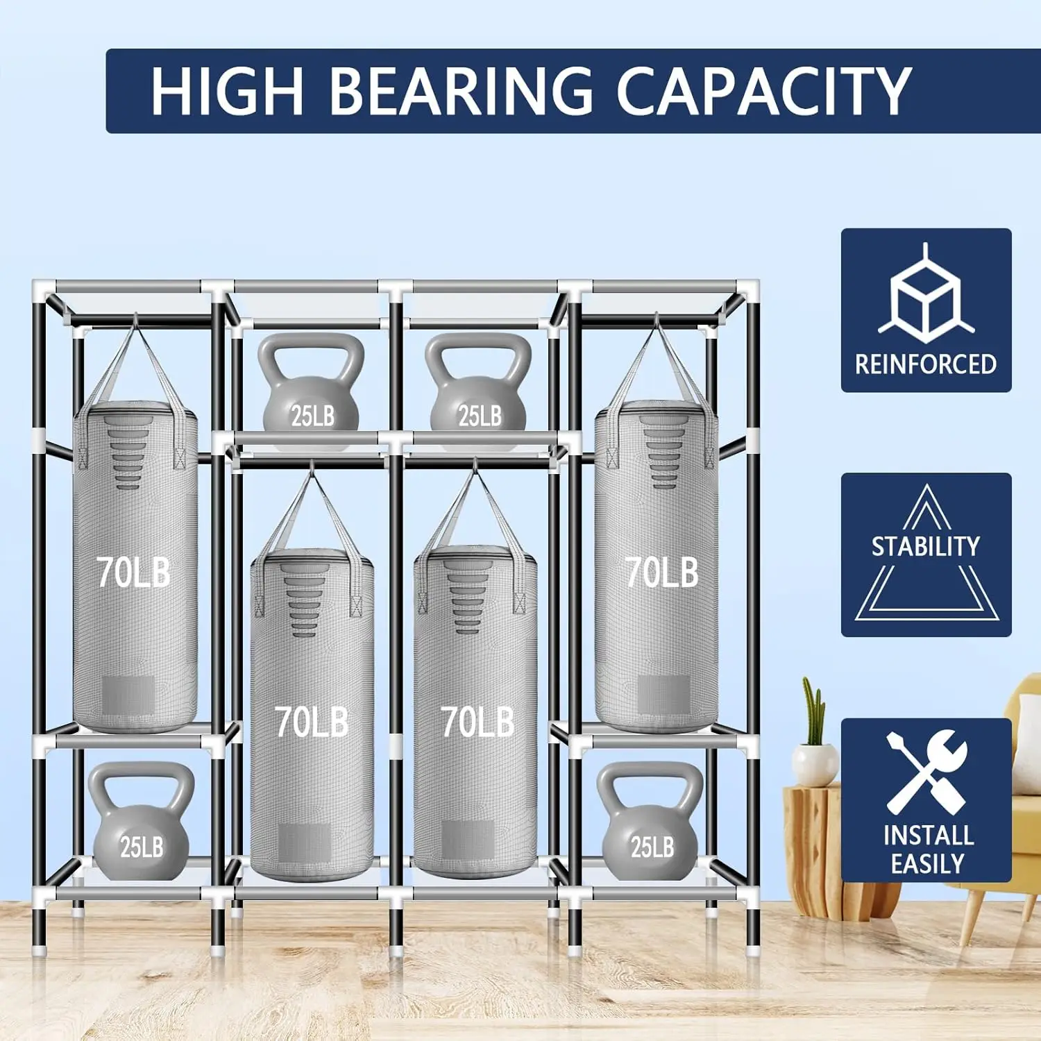 خزانة محمولة 67 بوصة خزانة ملابس لتعليق الملابس مع 4 قضبان تعليق 25 مللي متر أنبوب فولاذي صندوق تخزين ملابس منظم لـ Ex #4