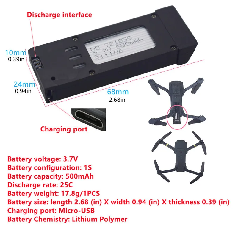 2PCS 3.7V 500mAh Lithium Battery with USB Charging Cable for E58 S168 JY019 Folding Quadcopter 4K HD Aerial Drone Spare Battery