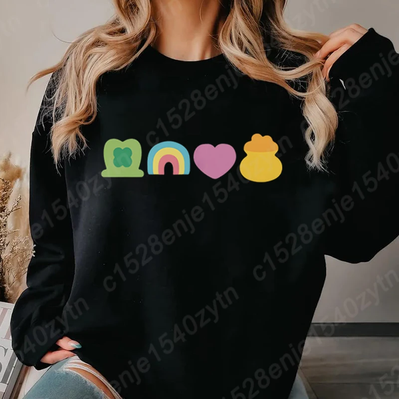 

St Patrick's Day Clover Lucky Charm Hoodeless Sweatshirts Women Personality O Neck Pure Color Pullovers Long Sleeves Sweatshirts