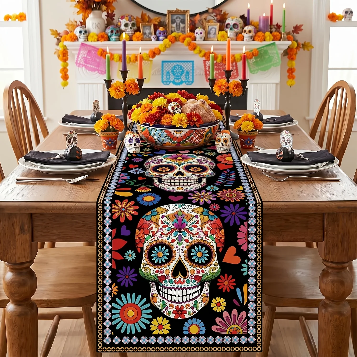 Mexican Day of The Dead Sugar Skull Table Runner Party Decor Reusable Kitchen Dining Dia De Los Muertos Table Runner Party Decor
