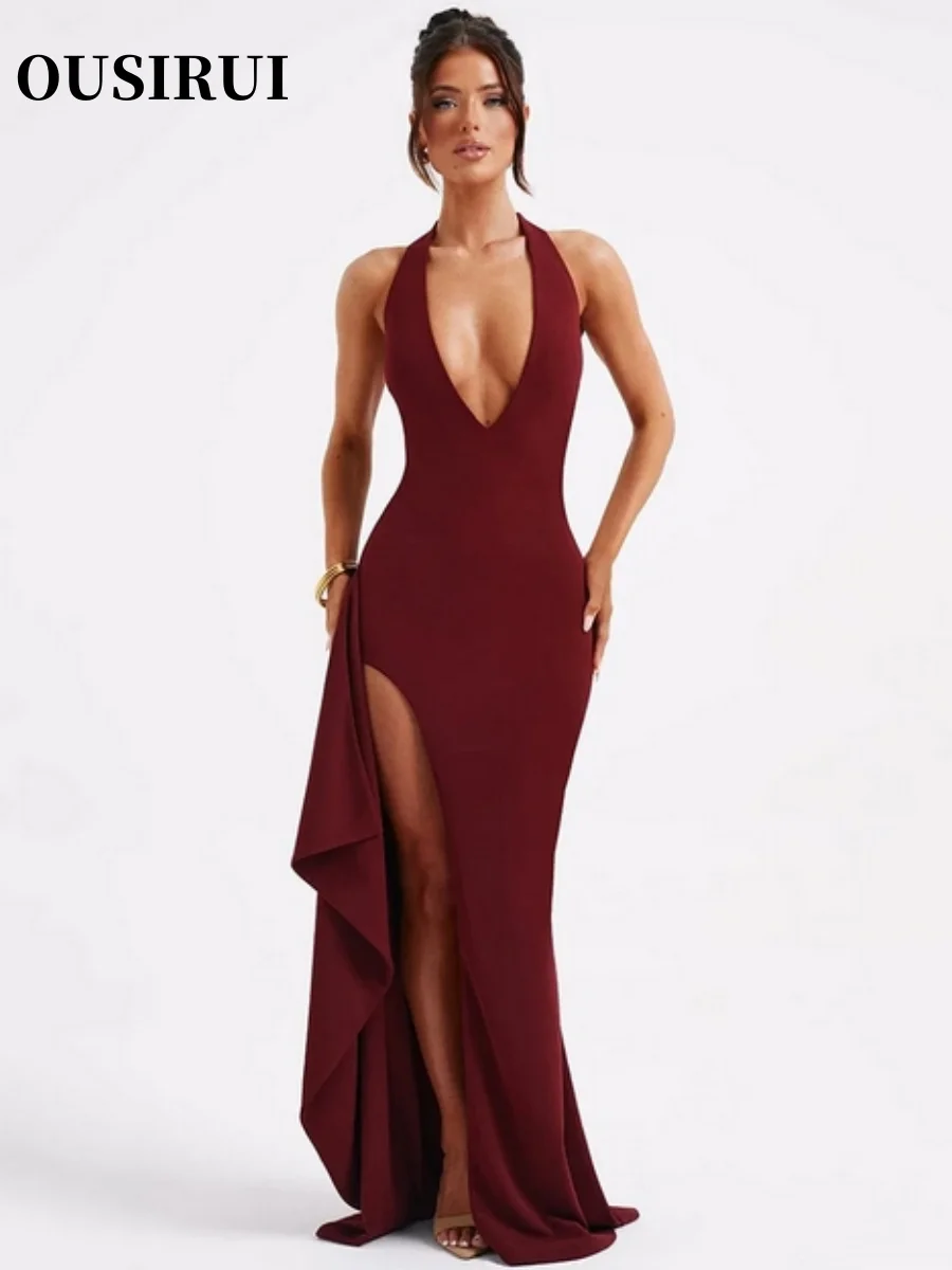 OUSIRUI Halter Sleeveless Backless Bodycon Club Party Sexy Long Dress New Deep V Neck Thigh High Split Maxi Dress Women