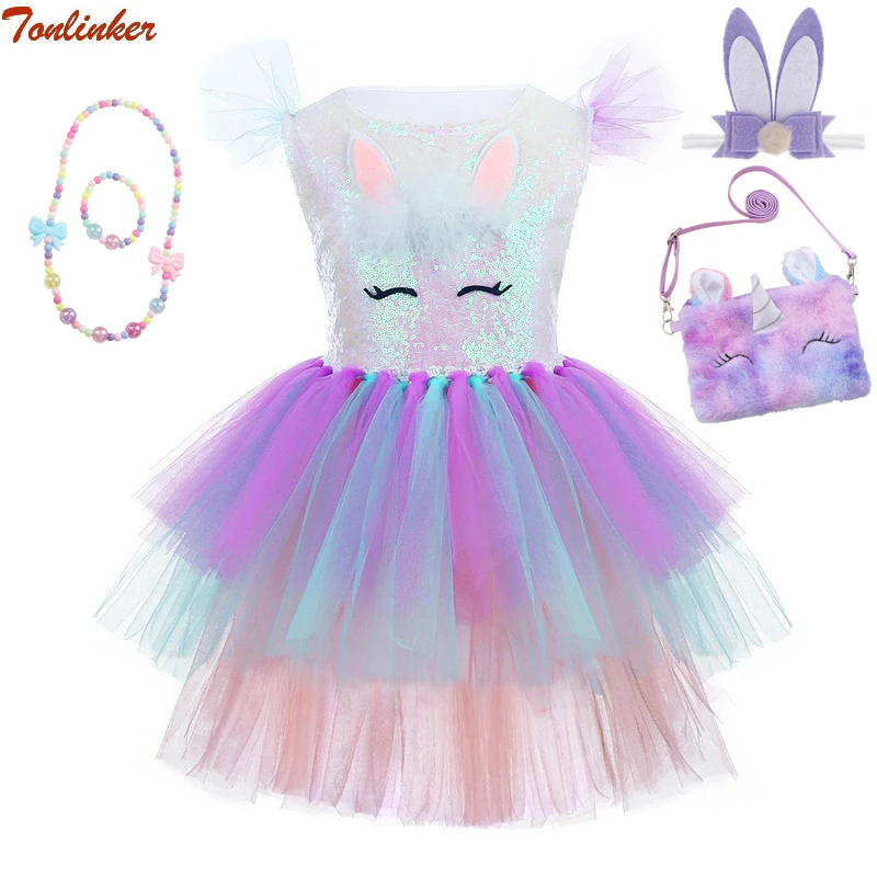 Kids Cartoon Rabbit Costume Girls Easter Birthday Party Sequin Rainbow Cake Tutu Dress Christmas Nylon Mesh Princess Dresses