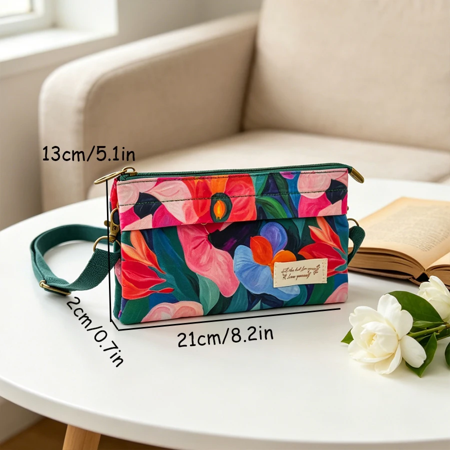 Leichte Canvas-Handytasche mit Blumenmuster für Damen, Umhängetasche mit mehreren Taschen und Reißverschluss, verstellbarer Riemen, Mini-Handgeldbörse – Detail 8