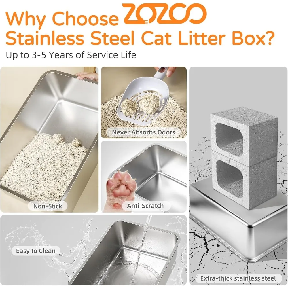 صندوق فضلات القطط كبير جدًا من الفولاذ المقاوم للصدأ مع غطاء، 23.7 لتر × 15.8 وات × 13.8 ارتفاع، حاوية عالية الجوانب للقطط الكبيرة #4