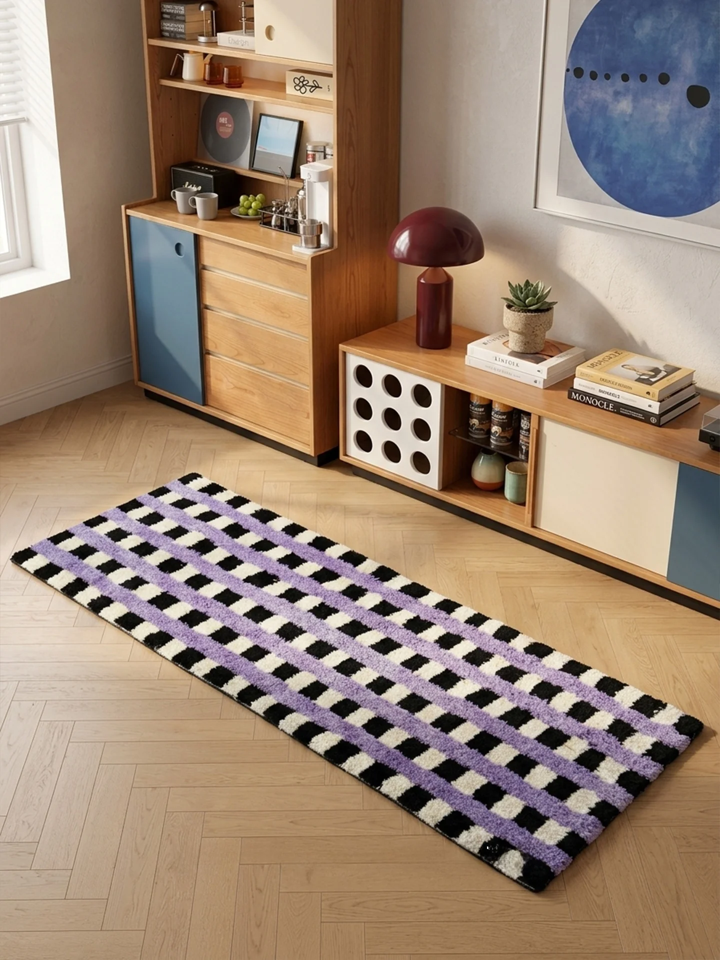 Machine Washable Plush Long Rectangle Carpet Anti-Slip Bedroom Floor Mat  Purple Geometric Pattern Home Decor Rug