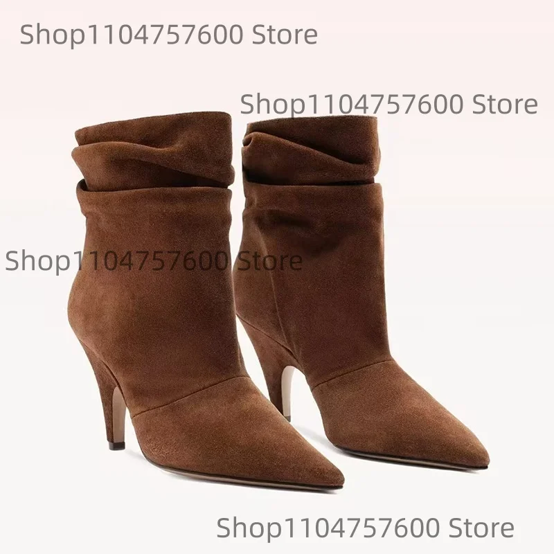 

Women's Brown Suede Ankle Boots Slouchy Design Pointed Toe Stiletto Heel Boot Casual Elegance Autumn Retro Ladies Big Size Botas
