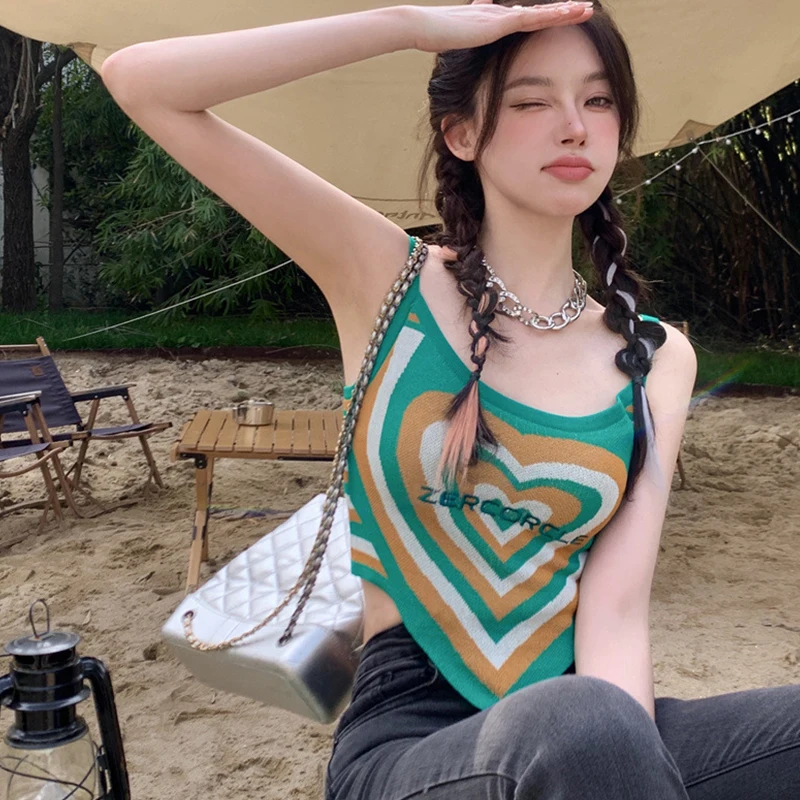 여름 여성 Y2K 러브 하트 프린트 캐미솔 불규칙한 하이 웨이스트 탱크 탑 배꼽 노출 트렌디 스트리트웨어