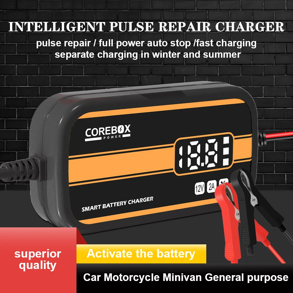

Car Motorcycle Battery Charger Automatic with LCD Display 12V 2A Intelligent for Car/RV/ATV/Boat Lead Acid AGM Gel Charger