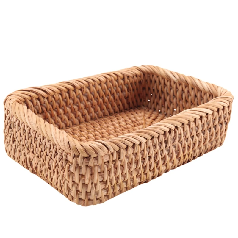 Hand-Woven Rectangular Rattan Wicker Basket Fruit Tea Snack Bread Picnic Cosmetic Storage Box Kitchen Household Tools