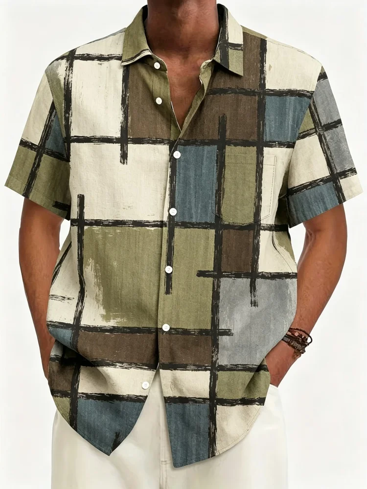 Men's hand-painted art checkered color block short sleeved shirt with lapel button cardigan, street vacation style shirt