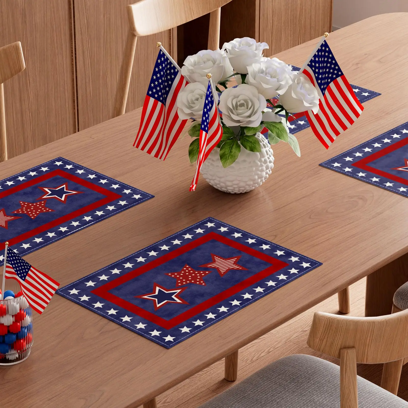 Blue Patriotic Red White Stars America 4th of July Memorial Day Independence Day Placemats Table Mats Decorations 12x18 Inch
