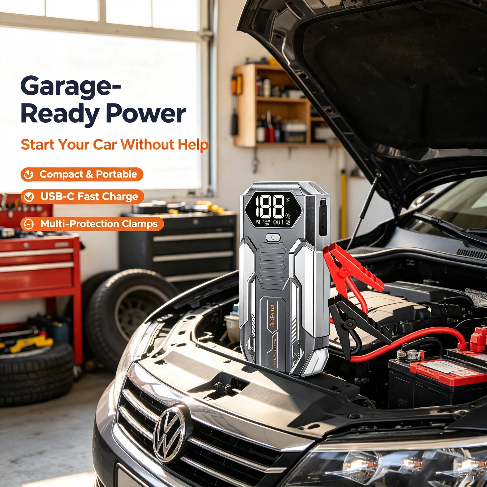 Auto-Starthilfegerät, Starthilfe-Batteriepack für 6,0L Benzin und 5,0L Diesel, 12V Tragbare Starthilfebox mit LED-Licht – Detail 1