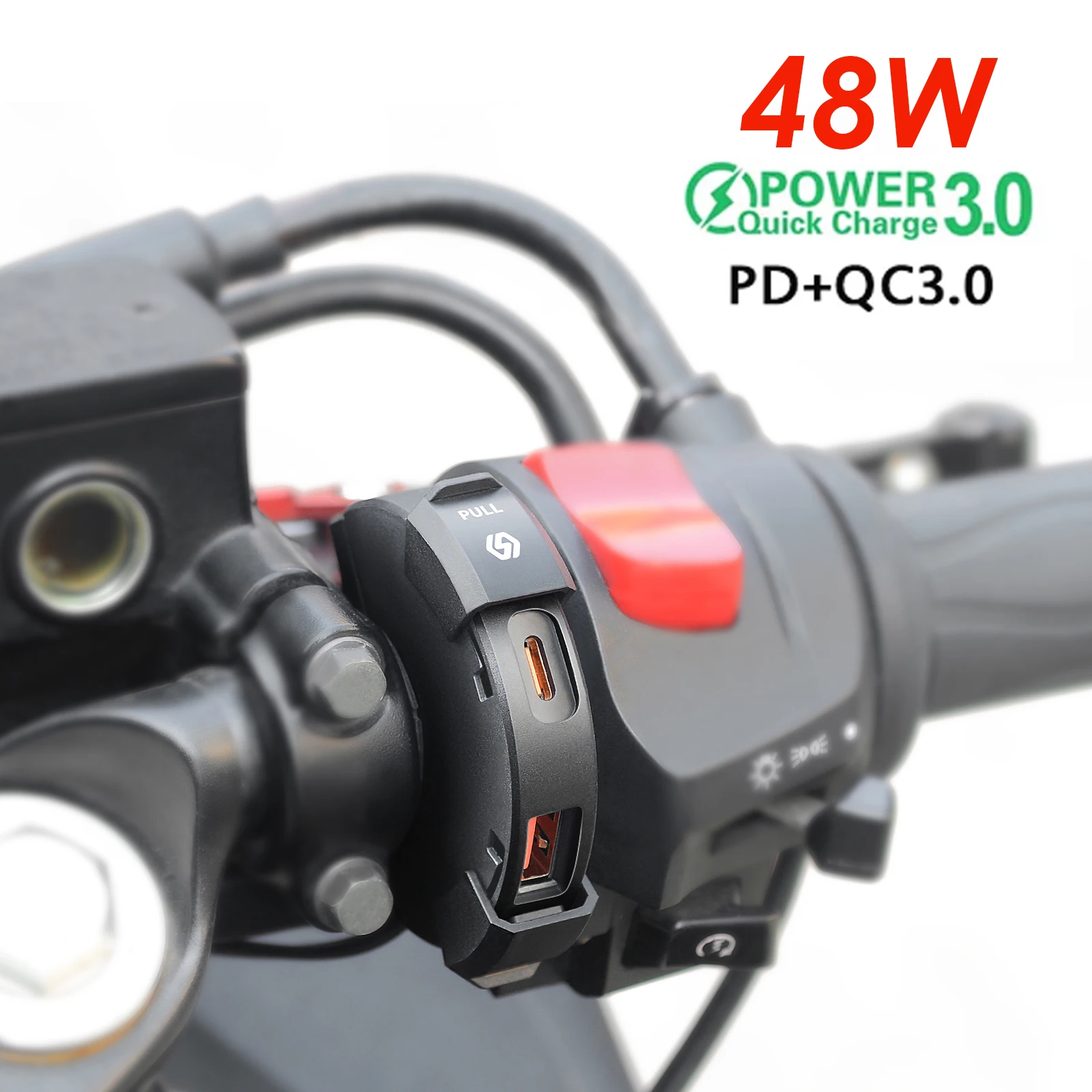 48W Quick Charge PD+QC3.0 Phone Charger Motorcycle USB Socket Waterproof Handlebar Mounting Bracket 12V-24V Power Adapter