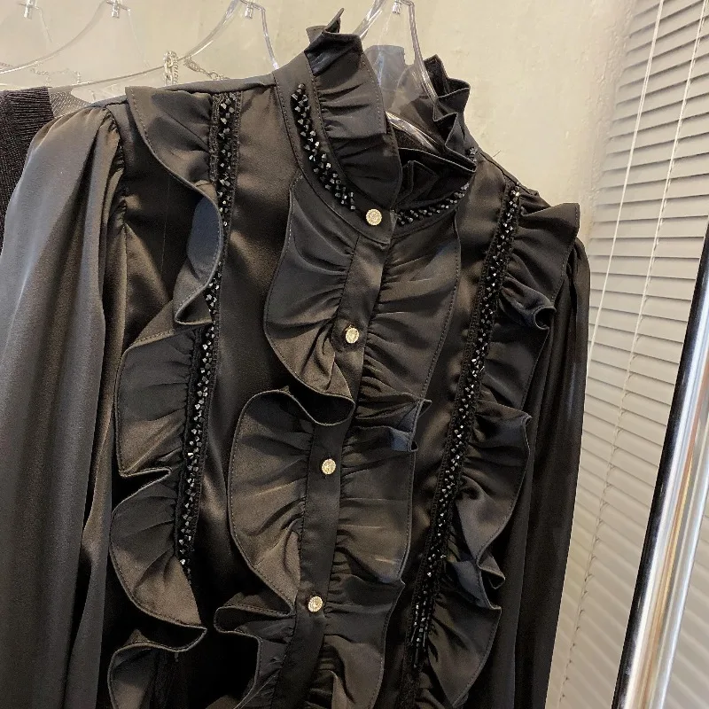

Court Style Chiffon Shirt Autumn Top Women's Clothing 2026 Spring New Nail Bead Ruffle Edge Loose Temperament Commuting Shirt