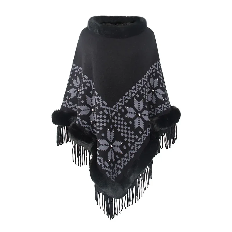 Autumn Winter New European American Capes Shawl Imitation Wool Collar Nail Bead Tassel Sweater Ponchos Women Cape Black Cloak