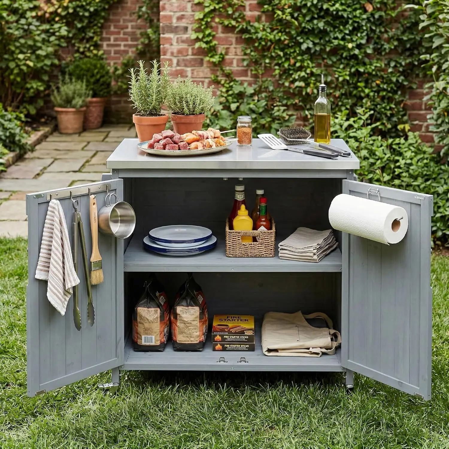 Outdoor Kitchen Island Cart Stainless Steel Top Rolling BBQ Prep Table Patio Garden Fir Cabinet 4 Locking Wheels, Customized
