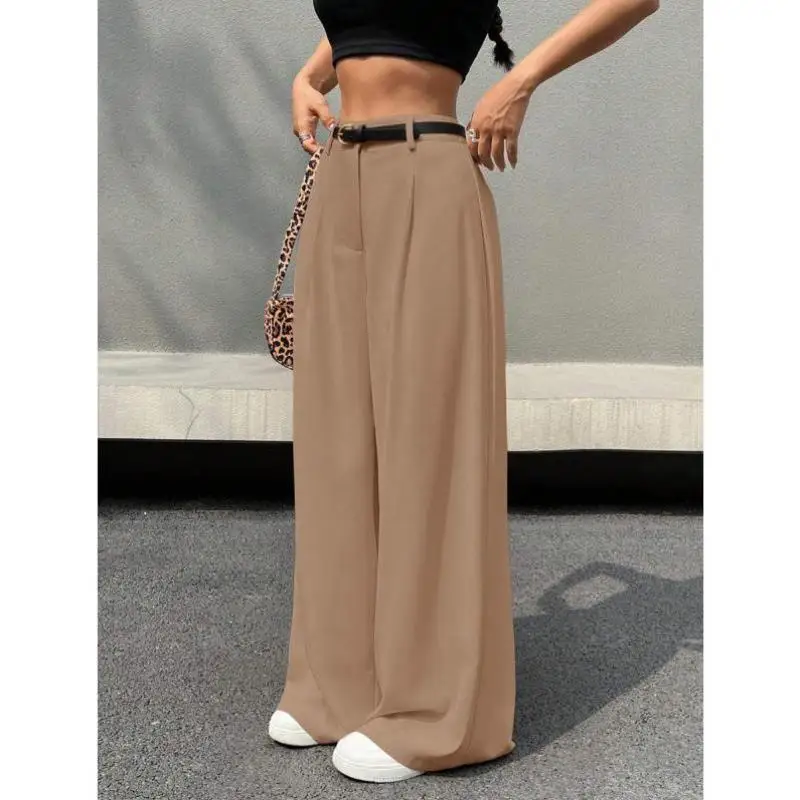 

Casual Waist Belt Wide Leg Workwear Trousers Beige Cross-Border Sle New Arrival Women's Faion Pants Comfortable PVC Material