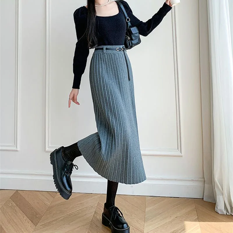 Fashion Temperament Gray Knitted Long Skirt Women Korean High Waisted Office Lady Midi Skirts All-Match Slimming Pleated Skirts