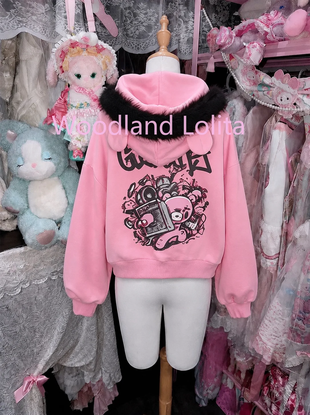 Spring Autumn American Vintage Y2K Hooded Coat Women Fur Collar Cartoon Bear Print Loose Coat Subculture Jirai Kei Harajuku Coat
