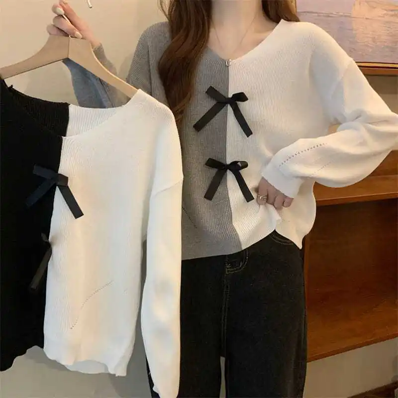New Knitted Sweater Women's Spring Autumn Tops for Color Blocking V-neck Bow Long-sleeved Base Shirt
