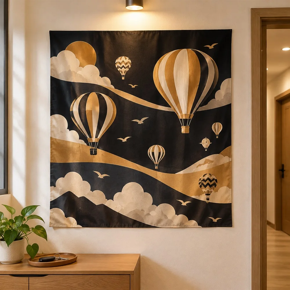 VIKAMA Hot Air Balloon Tapestry Wall Hanging, Sky Adventure Wall Art, Whimsical Decor for Nursery Kids Room Bedroom Living Room
