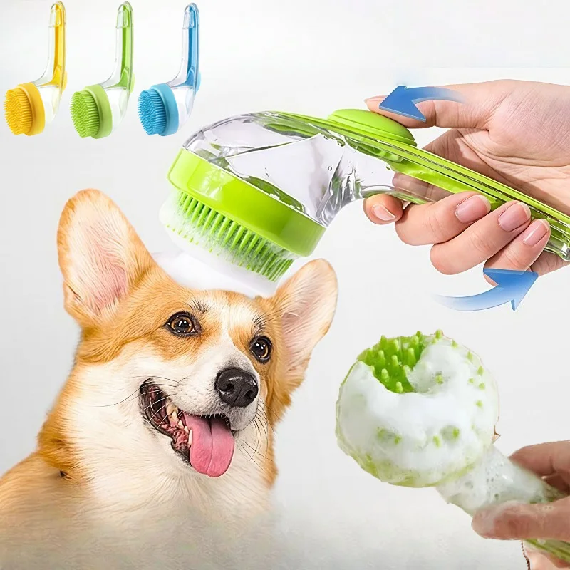 Soft Silicone Pet Bath Massage Brush with Long Handle, Dog Cat Shower Cleaning Grooming Comb Pet Bathing Supplies