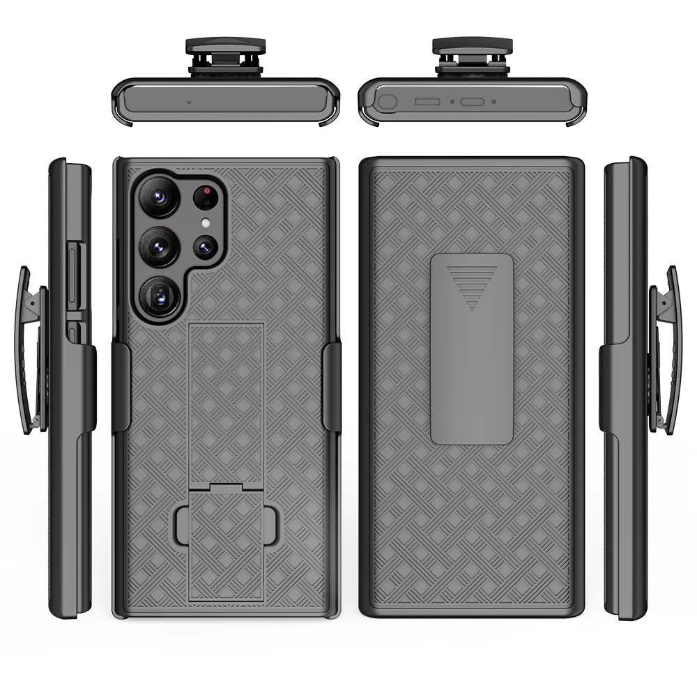 Woven 2 in 1 Hybrid Hard Shell Holster Combo Case With Kickstand & Belt Clip For Samsung Galaxy S23 Ultra 5G 2022