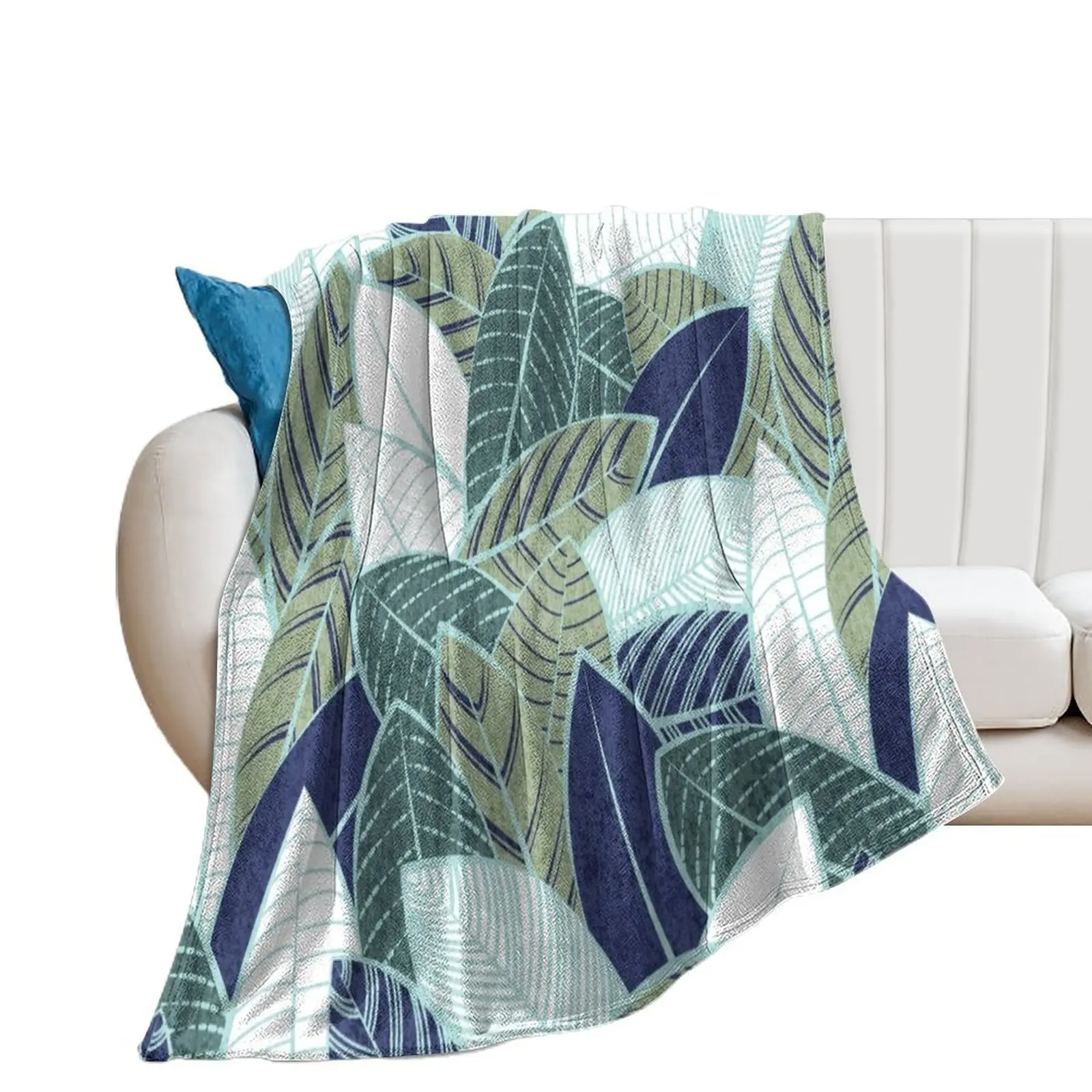 Leaf wall // navy blue pine and sage green leaves mint lines Throw Blanket Stuffeds Blankets For Bed Blankets