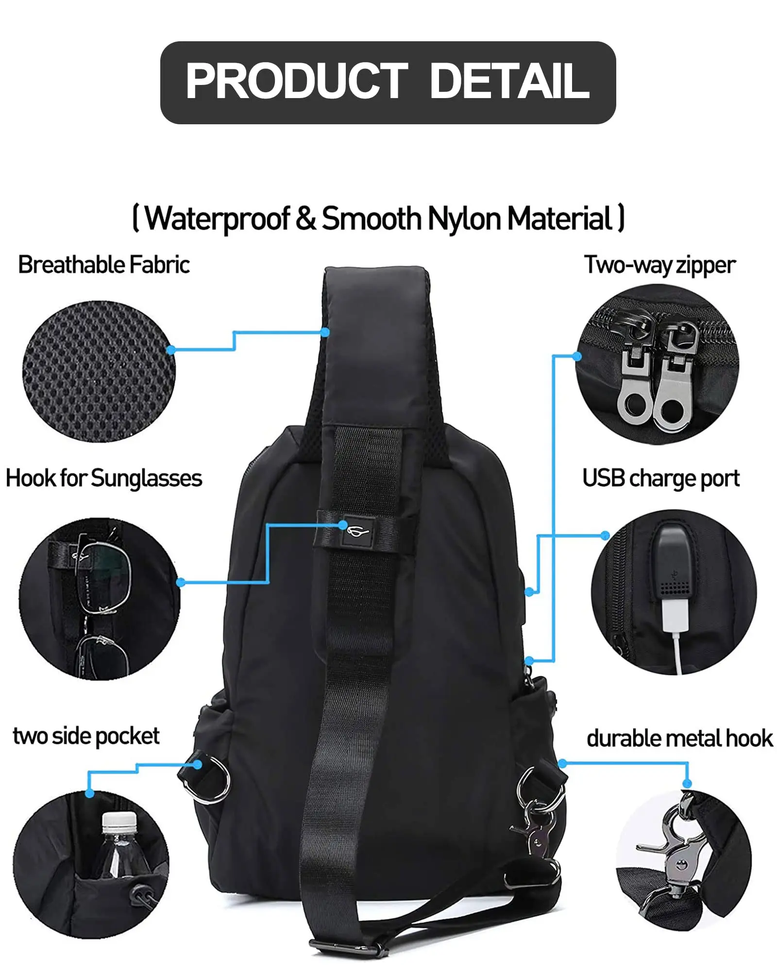 Sling Crossbody Backpack Shoulder Bag for Men Women, Lightweight One Strap Sling Bag Backpack Travel Cycling USB Charger Port