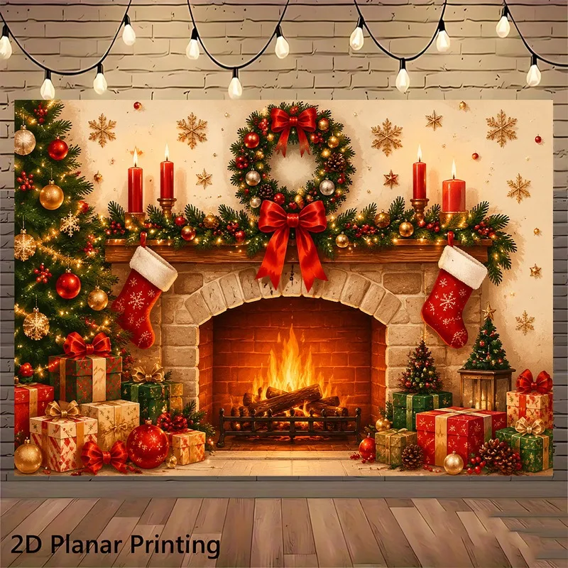 VIKAMA Holiday Mantel Garland Tapestry, Fireplace Stockings Wreath, Xmas Wall Hanging Decor for Living Room Bedroom