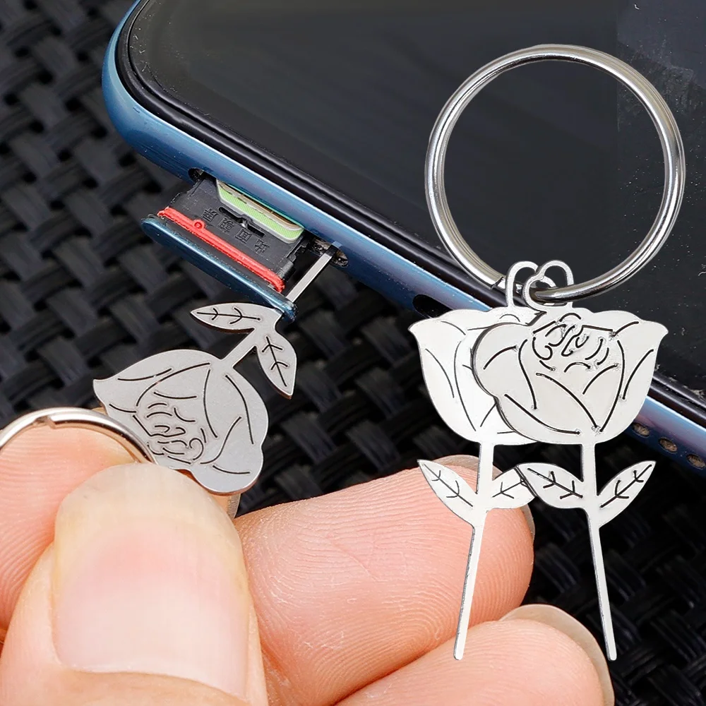 2 in 1 Rose Shaped Stainless Steel Sim Card Removal Needle Tray Eject Pins Keychain Keyring Universal SIMCard Openning Tool