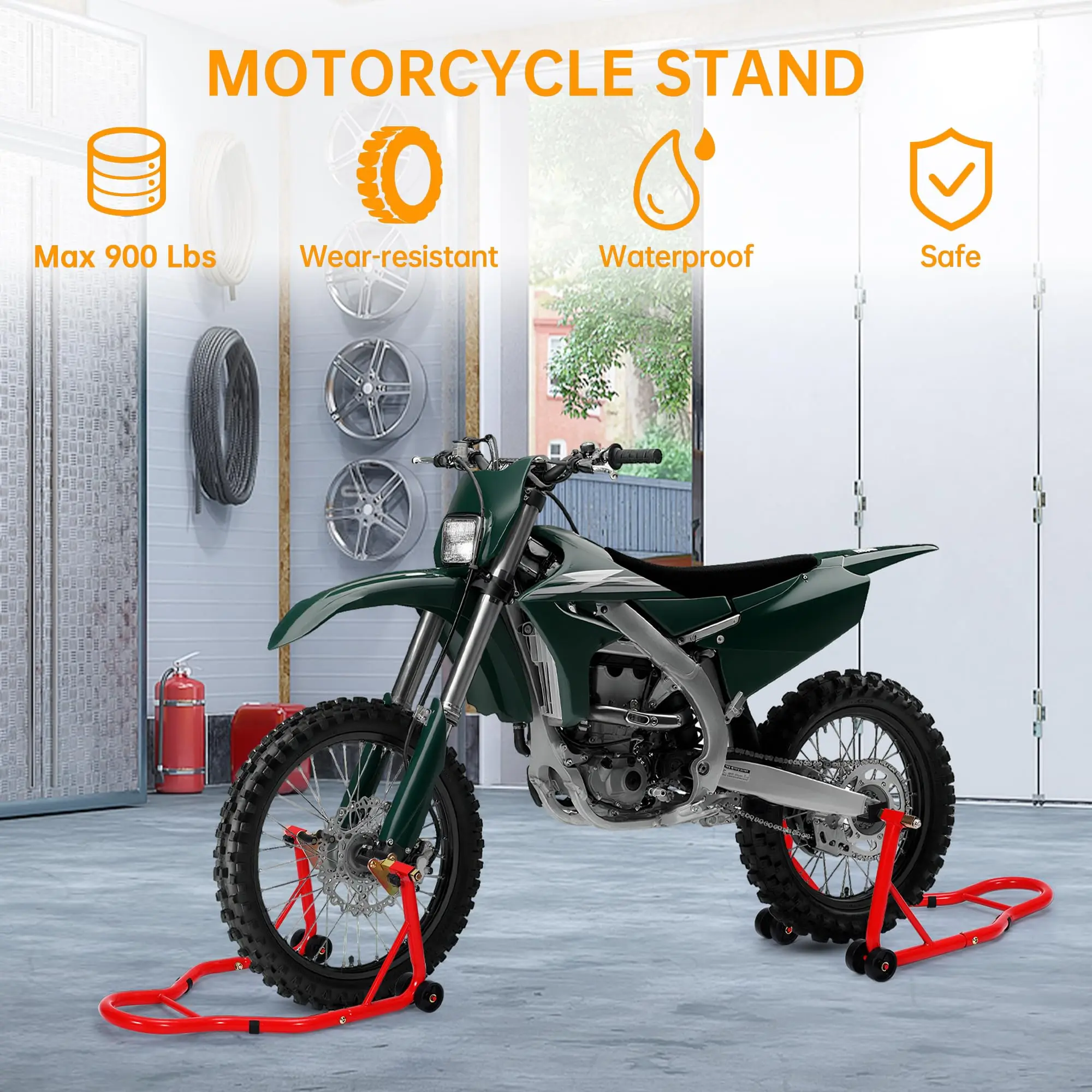 Motorcycle Front & Rear Stand Combo, Universal Wheel Lift Paddock Stand with Rear U+L Adjustable Swingarm Spool, 900 LB Capacity Heavy Duty for Most Bikes