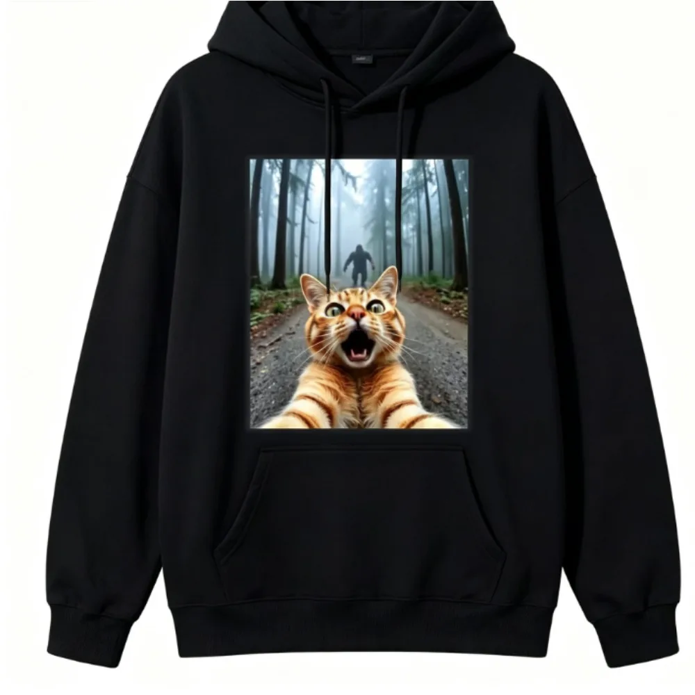 Scared Cat Selfie Chased By Bigfoot Meme Graphic Hoodie Funny Forest Orange Cat Print Oversized Cotton Pullover Drawstring