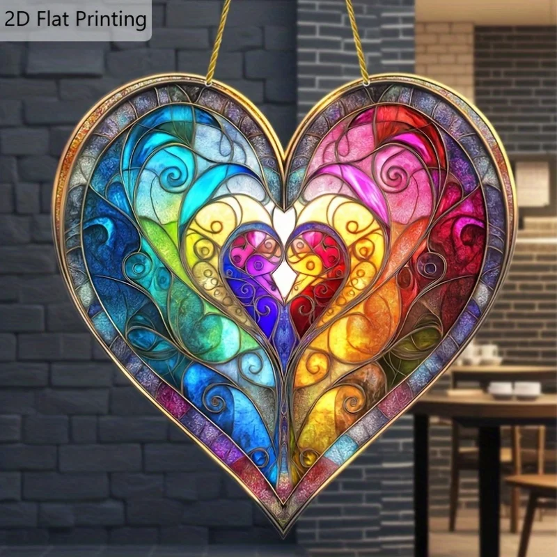 Juego de 2/4 piezas de colgantes acrílicos planos en forma de corazón 2D con efectos coloridos, sin necesidad de energía, regalo para el día de San Valentín, decoración de bodas y hogar, adecuado para uso en interiores y exteriores, decoración de jardín, diseño en forma de corazón