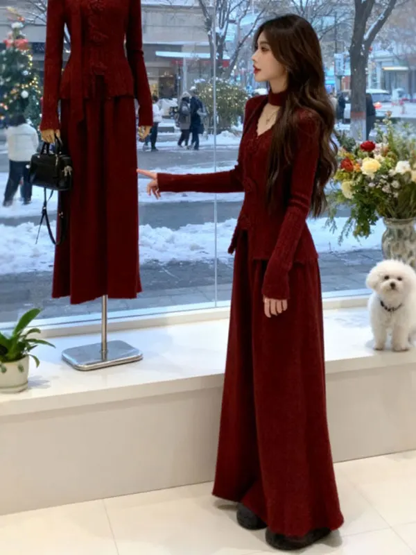 

Laid-ba Sle Уникальный комплект с красной верхней юбкой Антивозрастной цельный комплект OOTD Winter 26, модный удобный хлопковый комплект с v-образным вырезом Long Sve