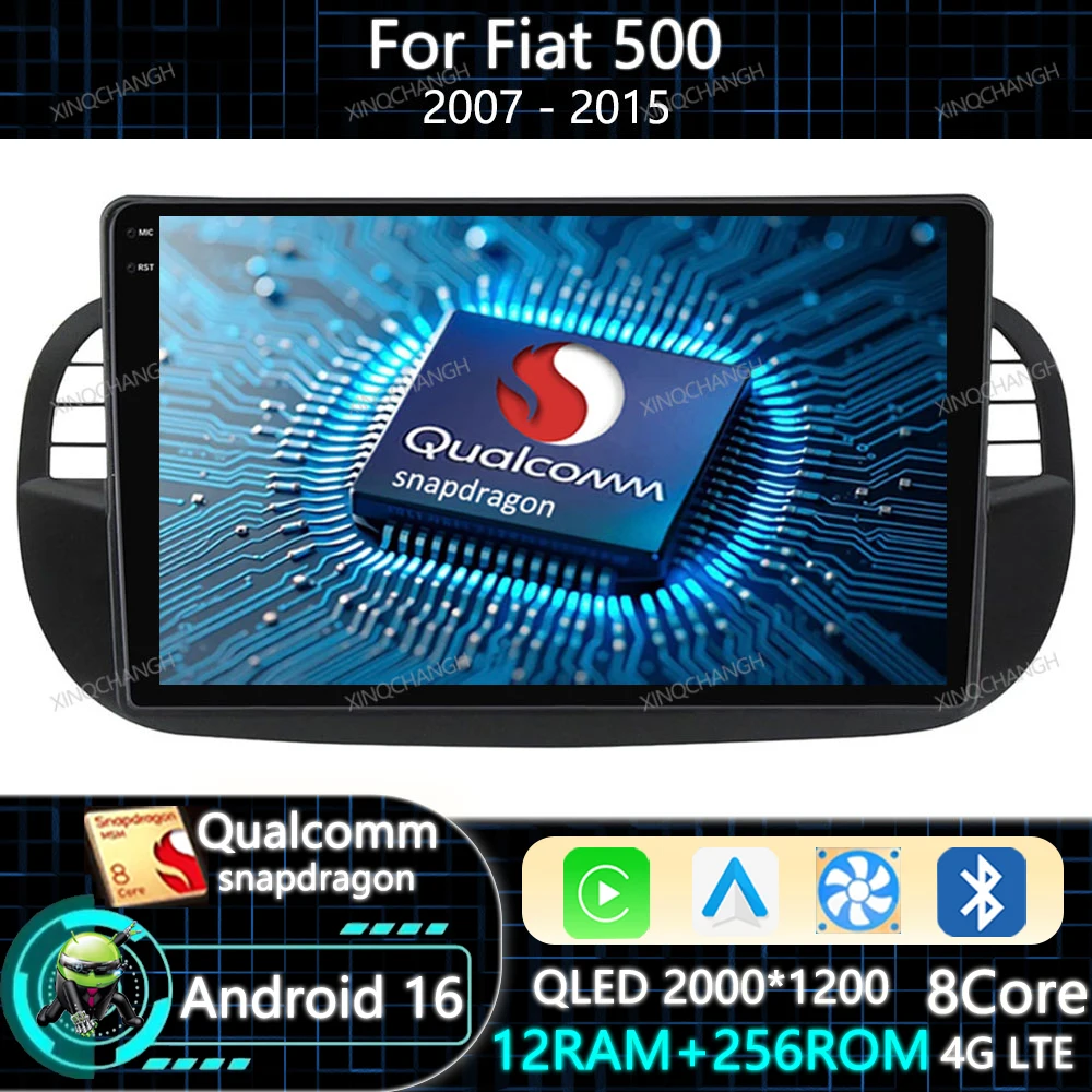 Android 16 Car Radio Carplay Auto For FIAT 500 2007 - 2015 GPS BT Head Unit Multimedia Video Player QLED 2DIN Navigation 4G WIFI