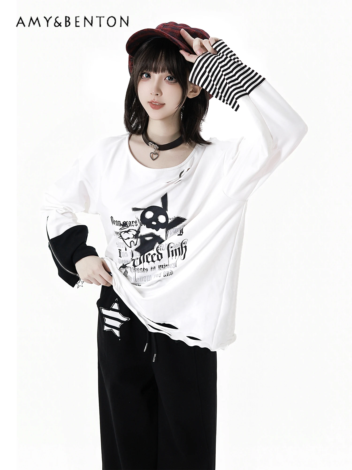 Harajuku estilo punk preto e branco retalhos dos desenhos animados impressão hoodie casual calças compridas estilo universitário roupa de menina quente primavera outono