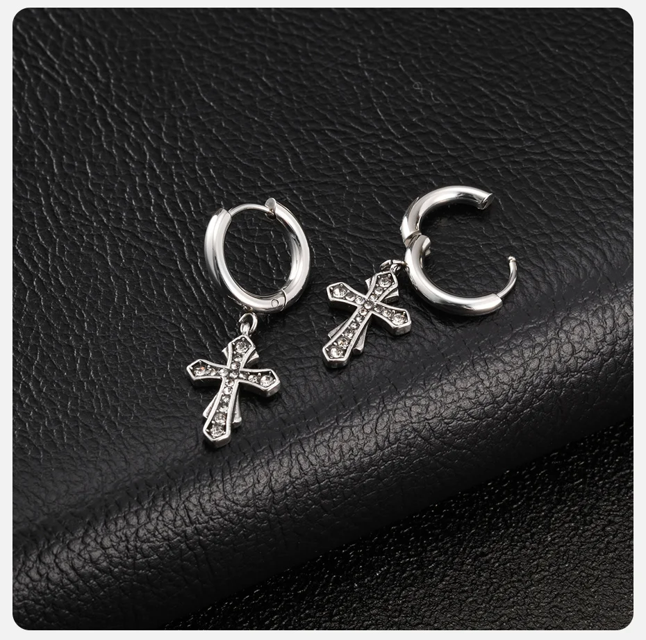 Vnox Edelstahl Jesus-Kreuz Ohrhänger für Männer und Frauen, Zirkon-Kreuz Durchziehohrringe, Gotischer Punk Glaubensschmuck für Unisex – Detail 6