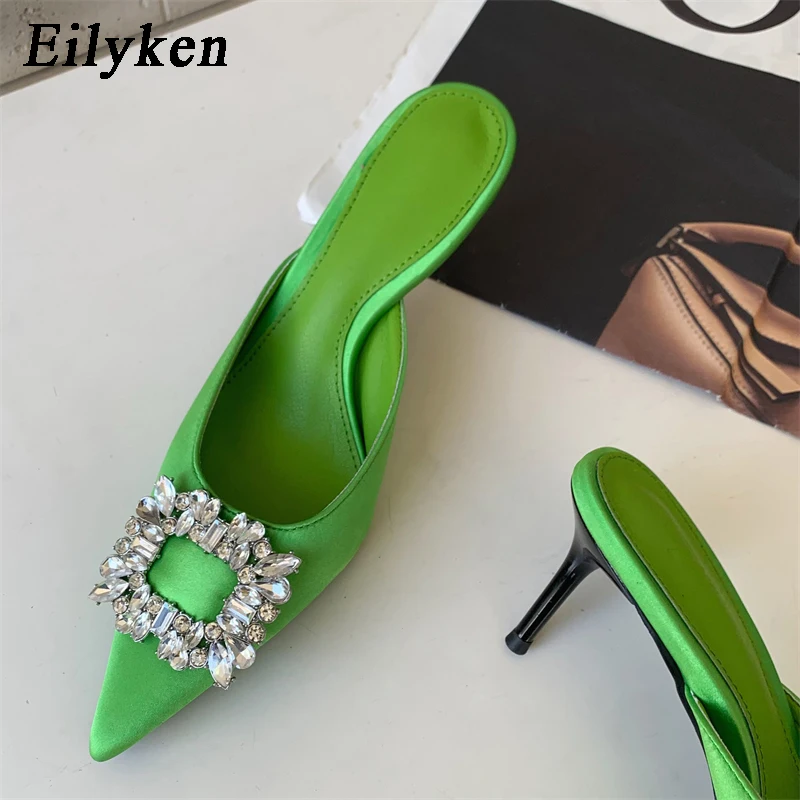 Eilyken 2024 New Autumn Metal Decoration Crystal Silk Slippers Women  Pointed Toe Stripper High Heels 6CM Party Prom Lady Shoes