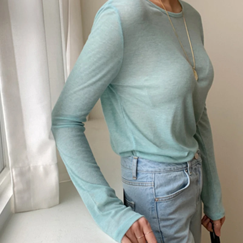 Korean Sexy See-through Plain T-shirt Women Tops Spring Summer Transparent Tshirt Long Sleeve Loose Tee shirts Female Solid Top