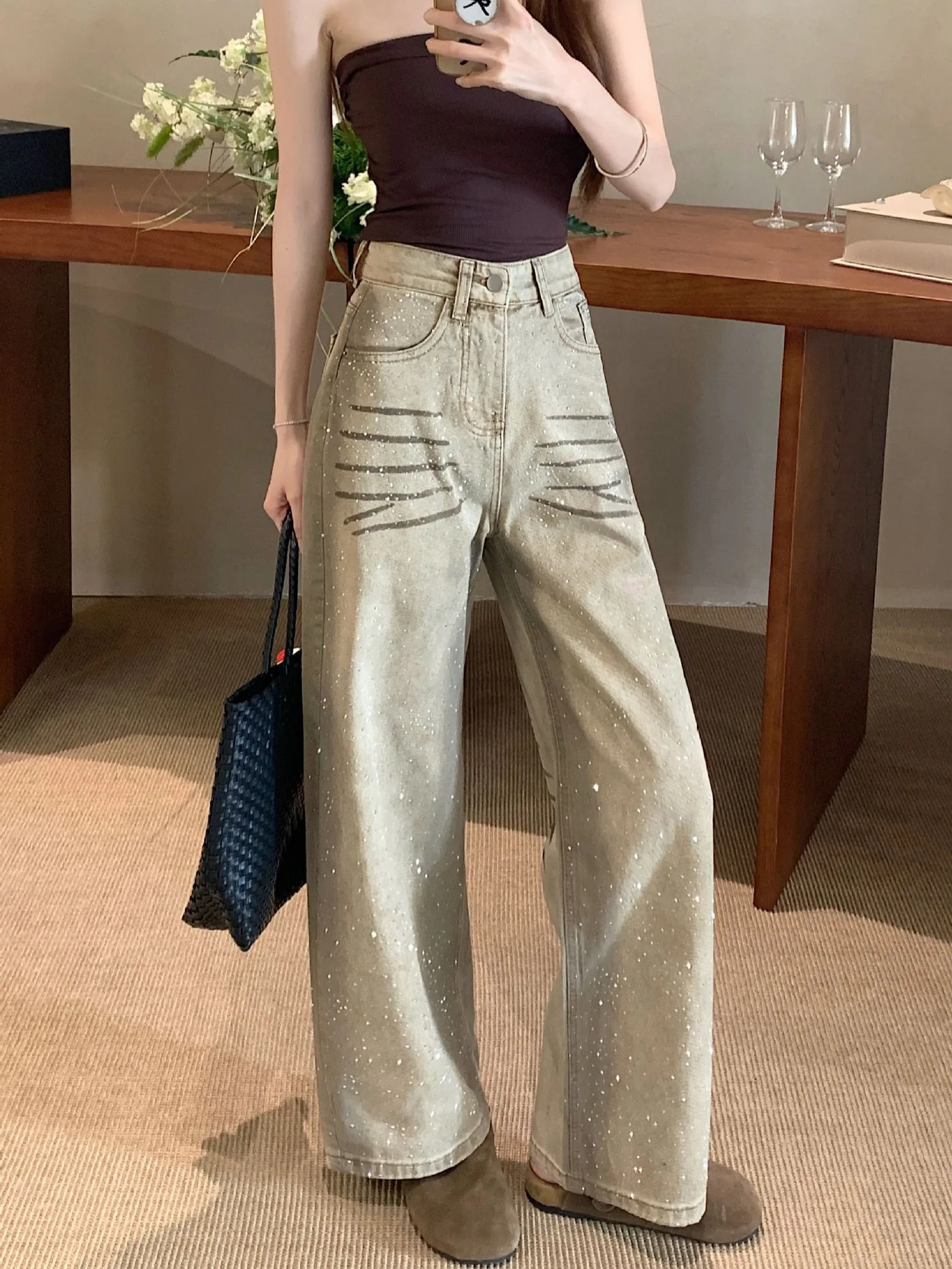 Retro American Shiny Star Rhinestone Wide Leg Jeans Women Vintage High Waist Straight Diamond Denim Trousers Loose Versatile
