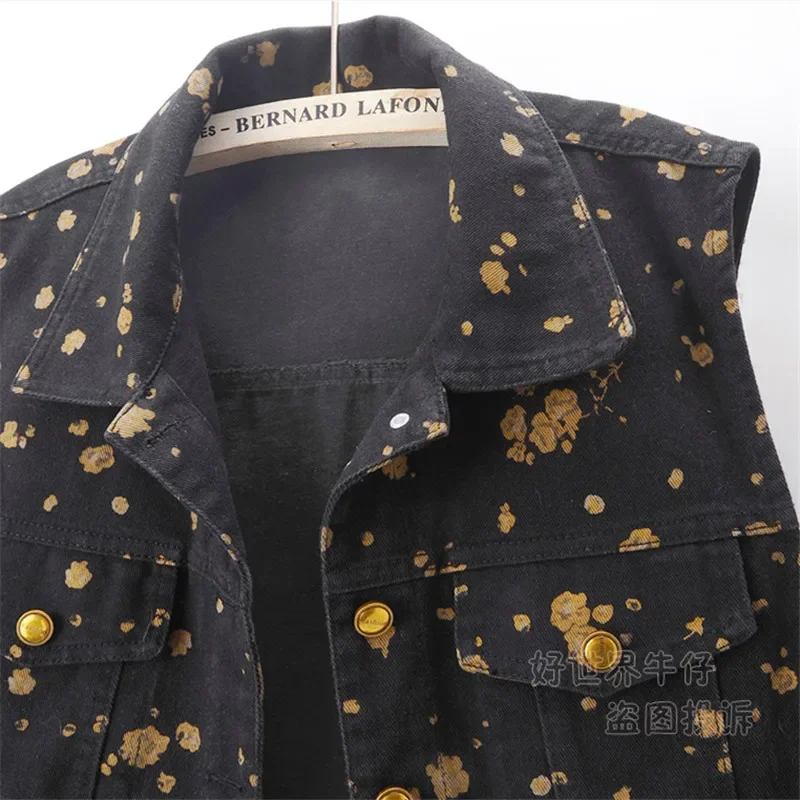 

Fashion Black Print Pocket Denim Vest Women Slim Short Waistcoat Cowboy Sleeveless Jacket Coat Summer Korean Jeans Vests Female