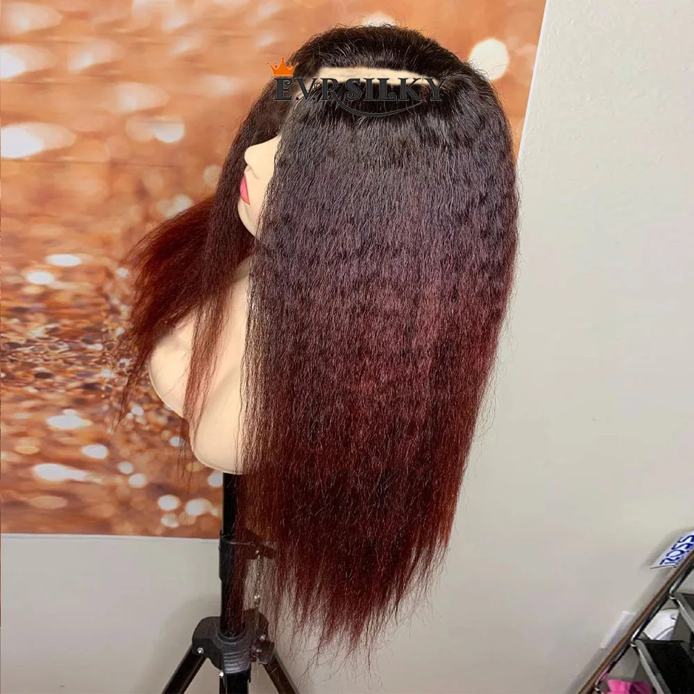 Ombre 99J Burgundy Red Kinky Straight V Part Unprocess 100% Human Hair Wigs Glueless Yaki Straight U Shape Full End No Leave Out