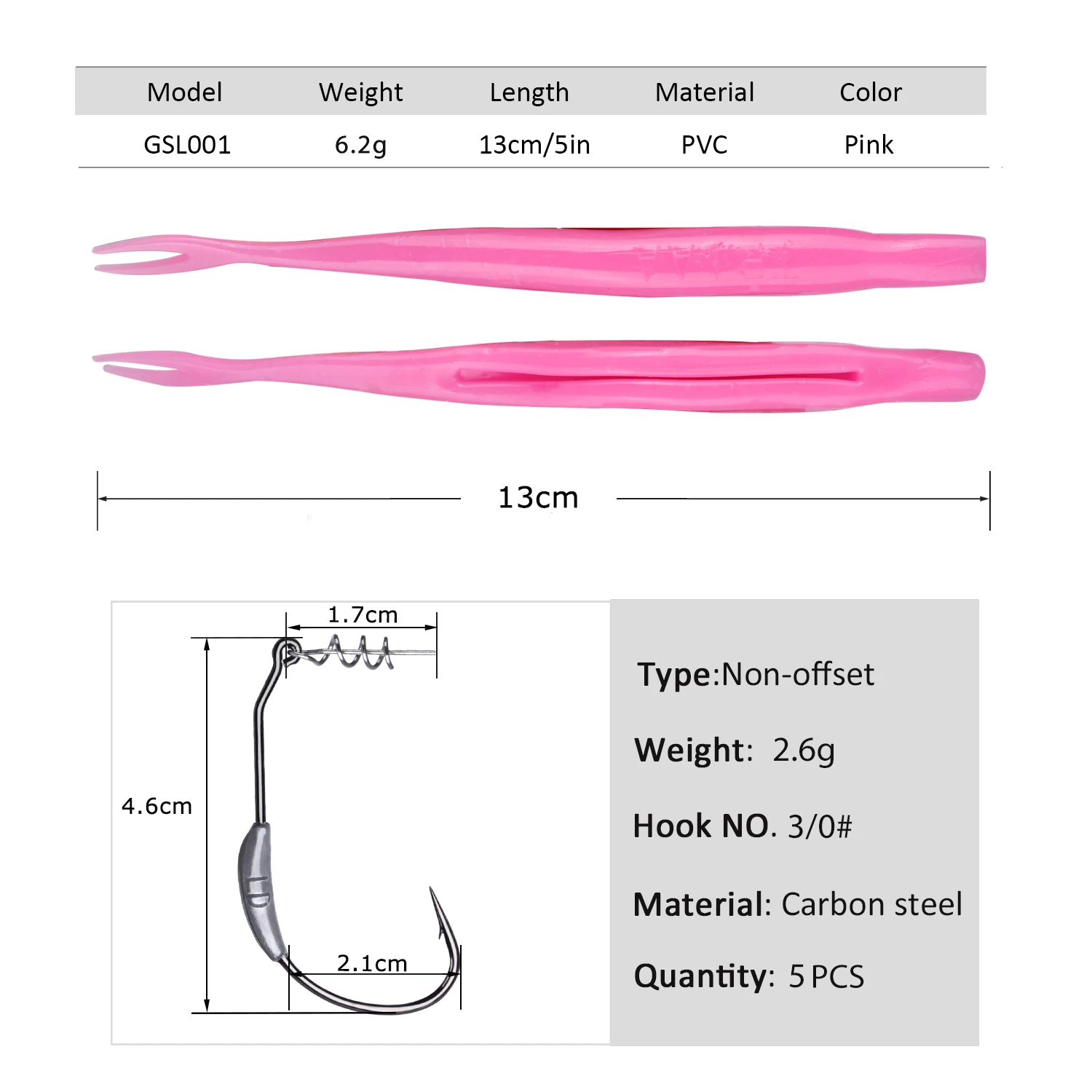 

Goture 5pcs Weedless Split Tail Soft Fishing Lure 13cm 6.2g with Screw Lock Hook Texas Rig for Bass Saltwater Freshwater