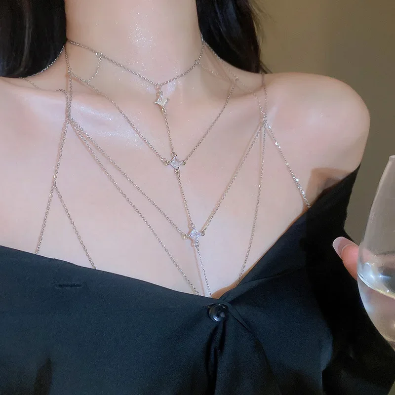 Rhombic Zircon Geometric Multi-layer Cool Style Body Chest Necklaces Personality Temperament Europe and America New Sexy Jewelry