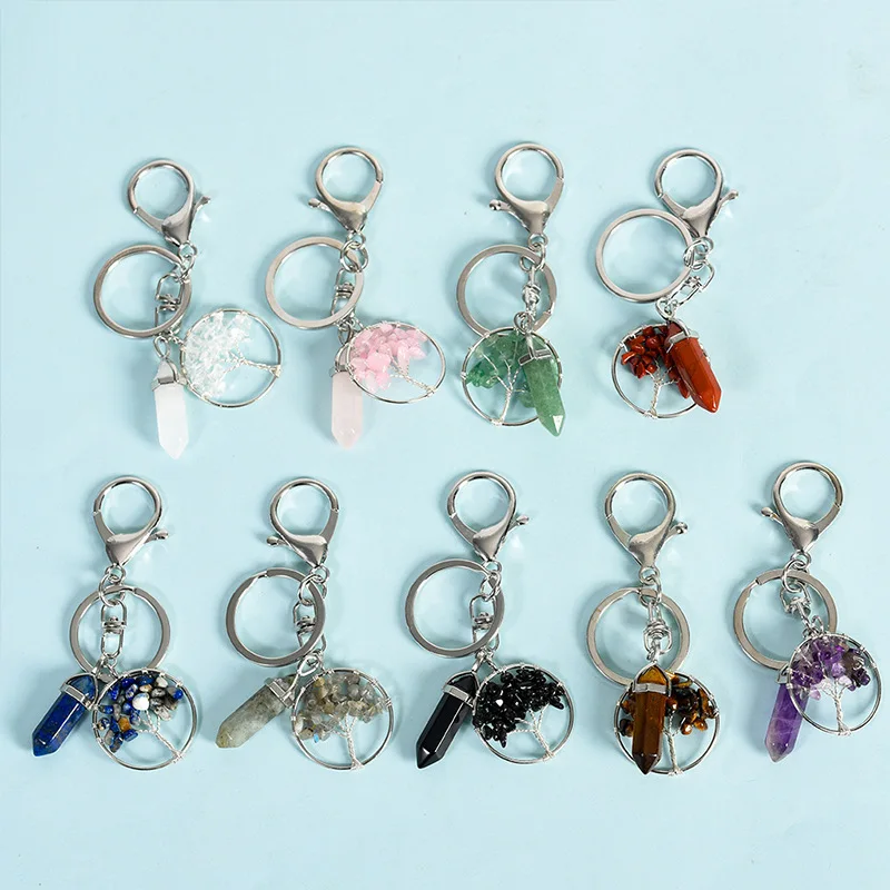 

10pcs Natural Chip Stone Tree of Life Charms Keychain Amethyst Rose Quartz Chakra Hexagon Pillar Keyring Car Bag Pendants Bulk