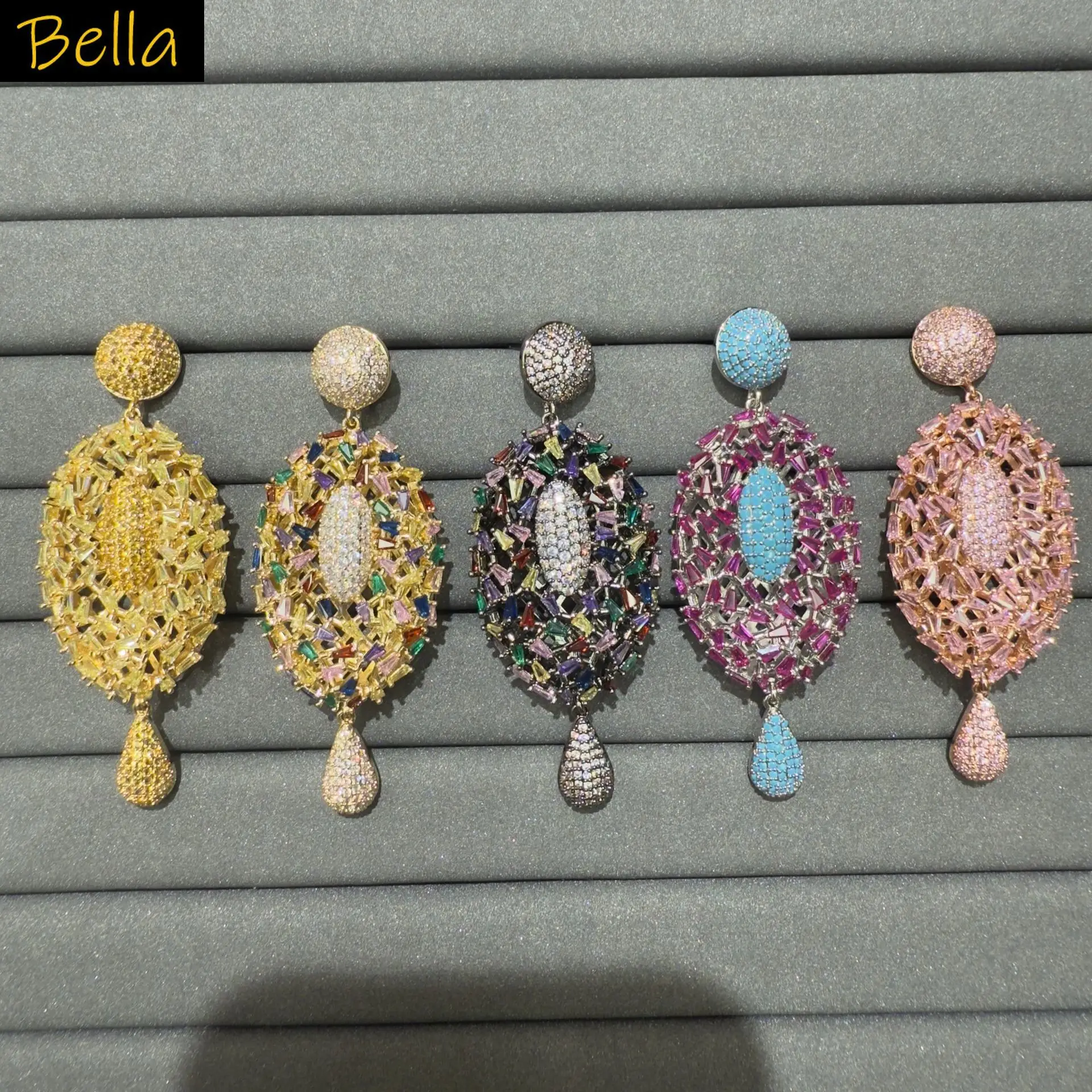 unique cubic zirconia earrings for women luxury jewelry gala event party dangling earrings yellow blue pink fushia oval shape