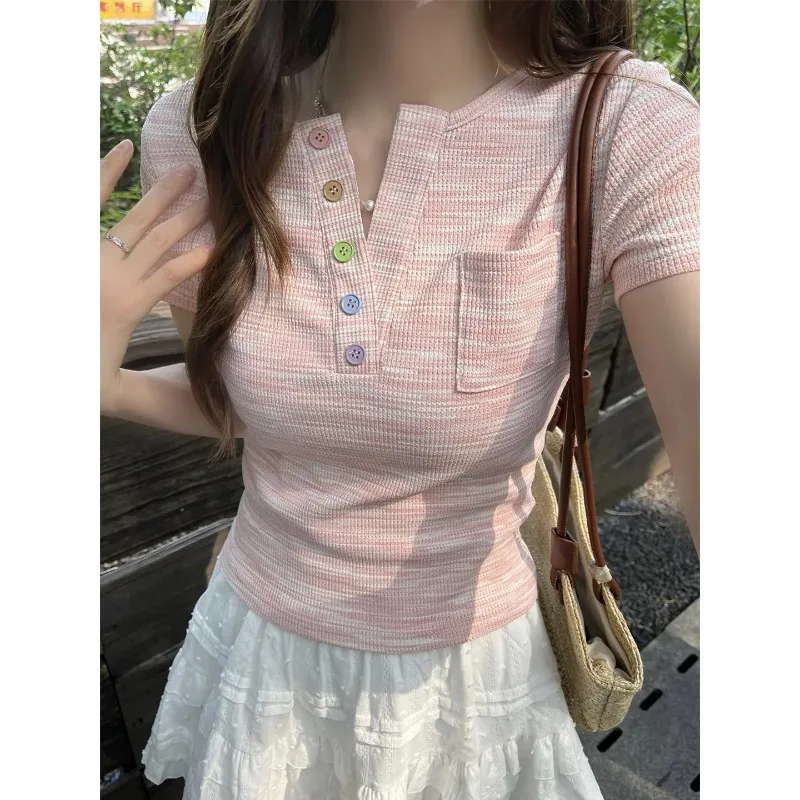Women's Casual Henley Neck T-Shirt Multicolor Button Placket Waffle Knit Slim Fit Top