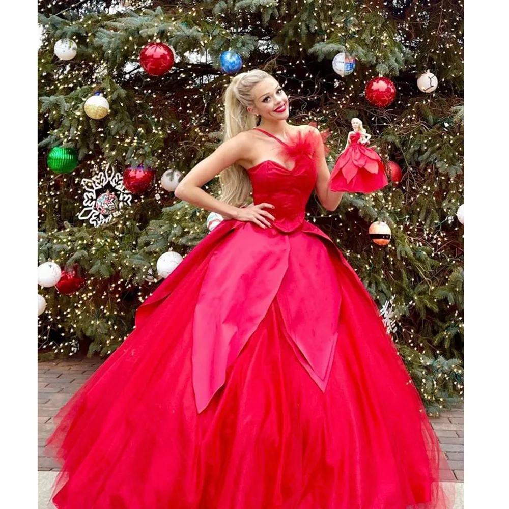 Exquisite Rose red Women Christmas Party Dresses Sweetheart Sleeveless Floor Length A-Line Flowers Barbie Female Prom Gowns