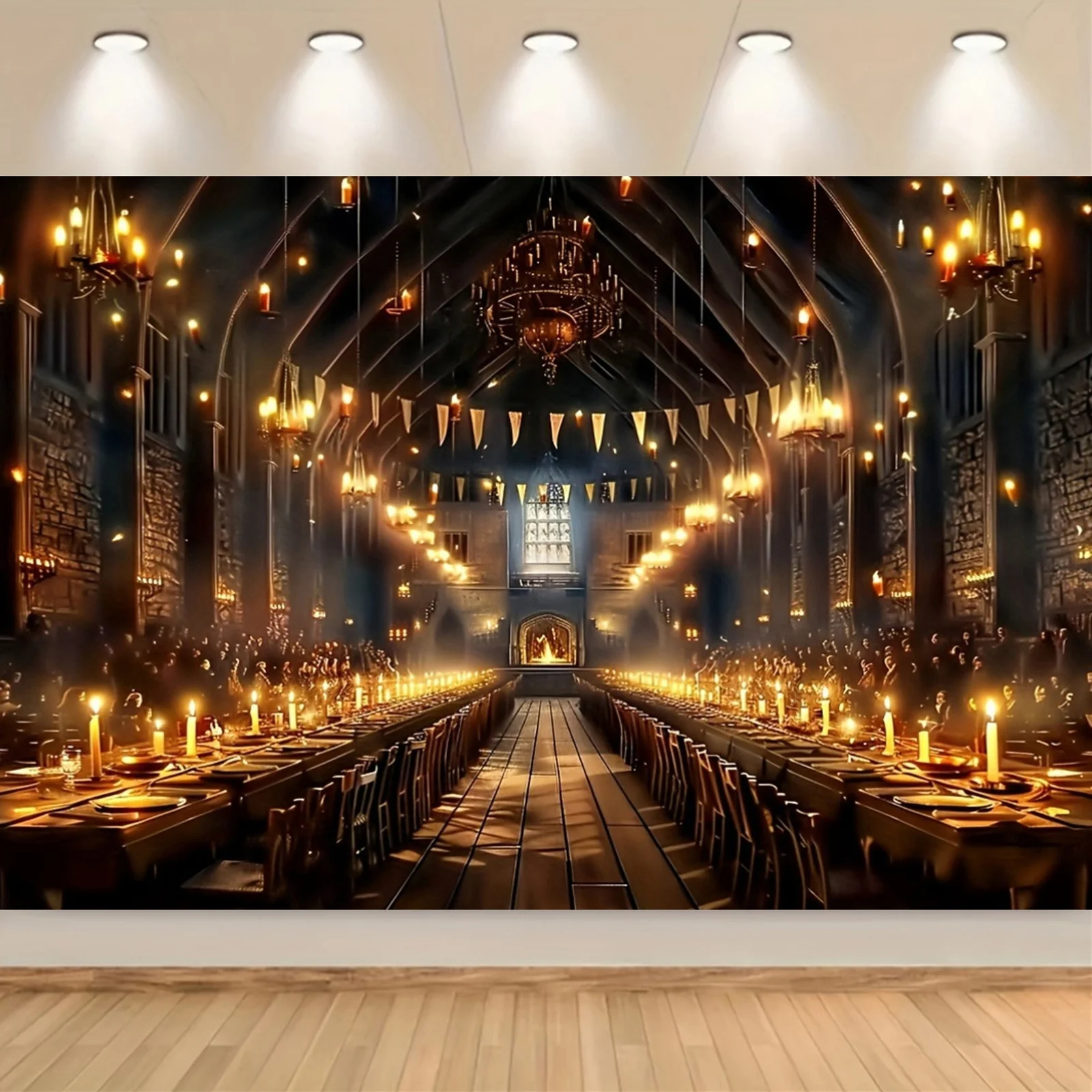 1 toile de fond de château d'école magique enchanteresse avec scène d'église d'éclairage de bougie